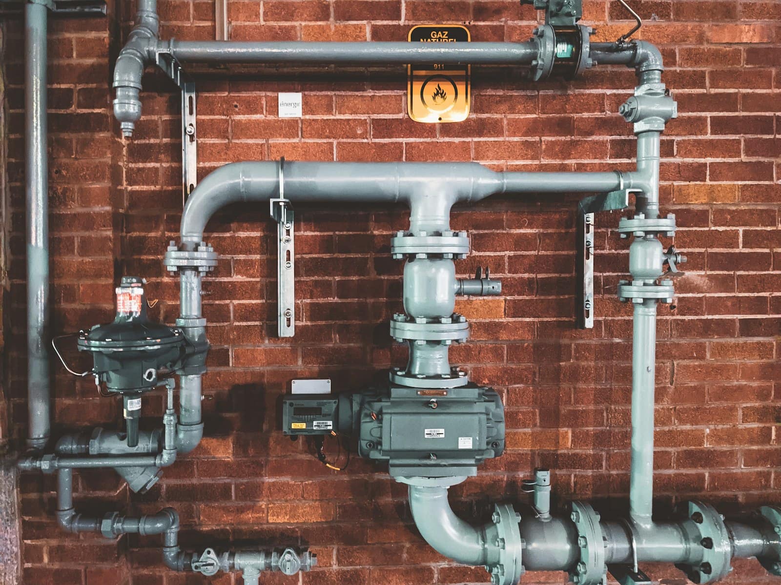 Gas-line plumbing — pressure regulator and natural-gas pipework