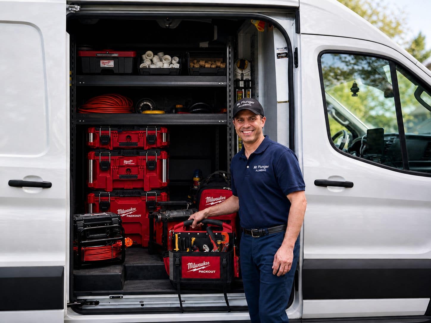 Mr. Plunger plumber loading the service truck with stocked plumbing parts